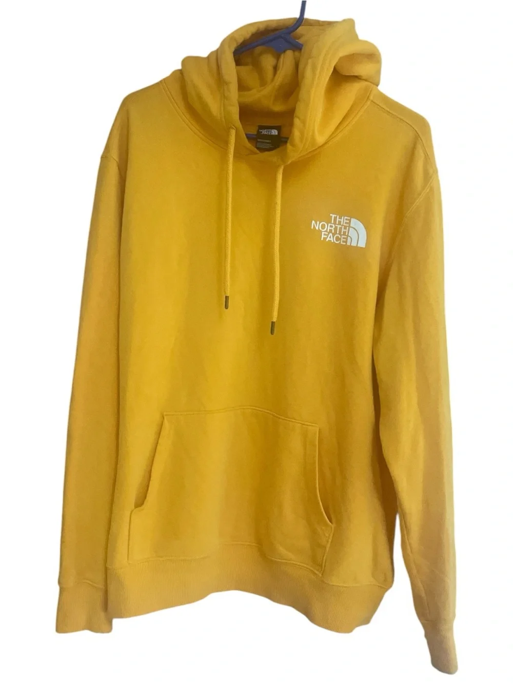 The North Face Yellow Hoodie Box Logo Never Stop Exploring Sweatshirt Mens Large